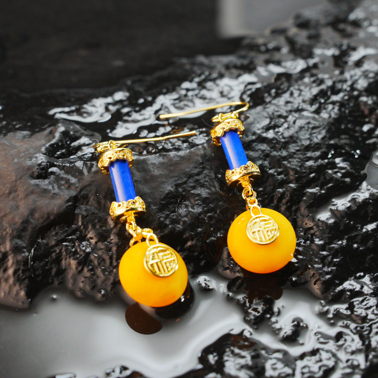 Oriental Vintage Dangle Earrings with Amber & Lapis Lazuli|Lucky Coin Charm Design|Symbolic Amulet Jewelry