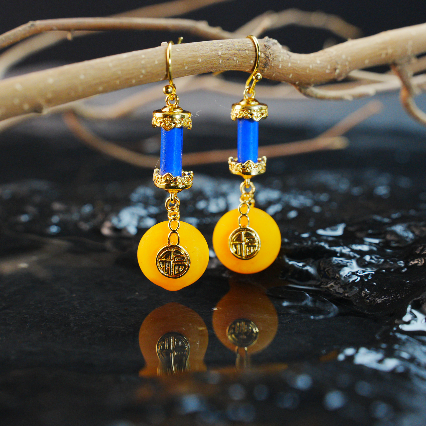 Oriental Vintage Dangle Earrings with Amber & Lapis Lazuli|Lucky Coin Charm Design|Symbolic Amulet Jewelry