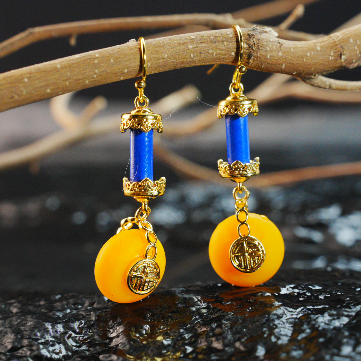 Oriental Vintage Dangle Earrings with Amber & Lapis Lazuli|Lucky Coin Charm Design|Symbolic Amulet Jewelry