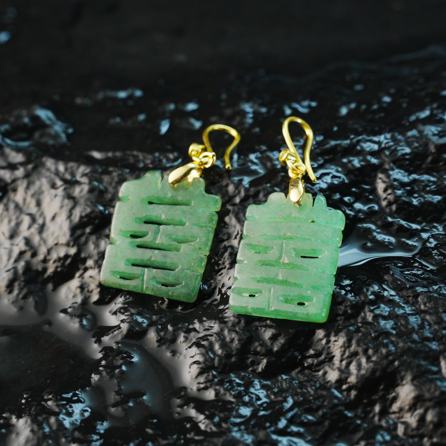 Chinese Double Happiness Jade Earrings | Long Green Jade Dangle Earrings, Wedding & Festive Lucky Charm