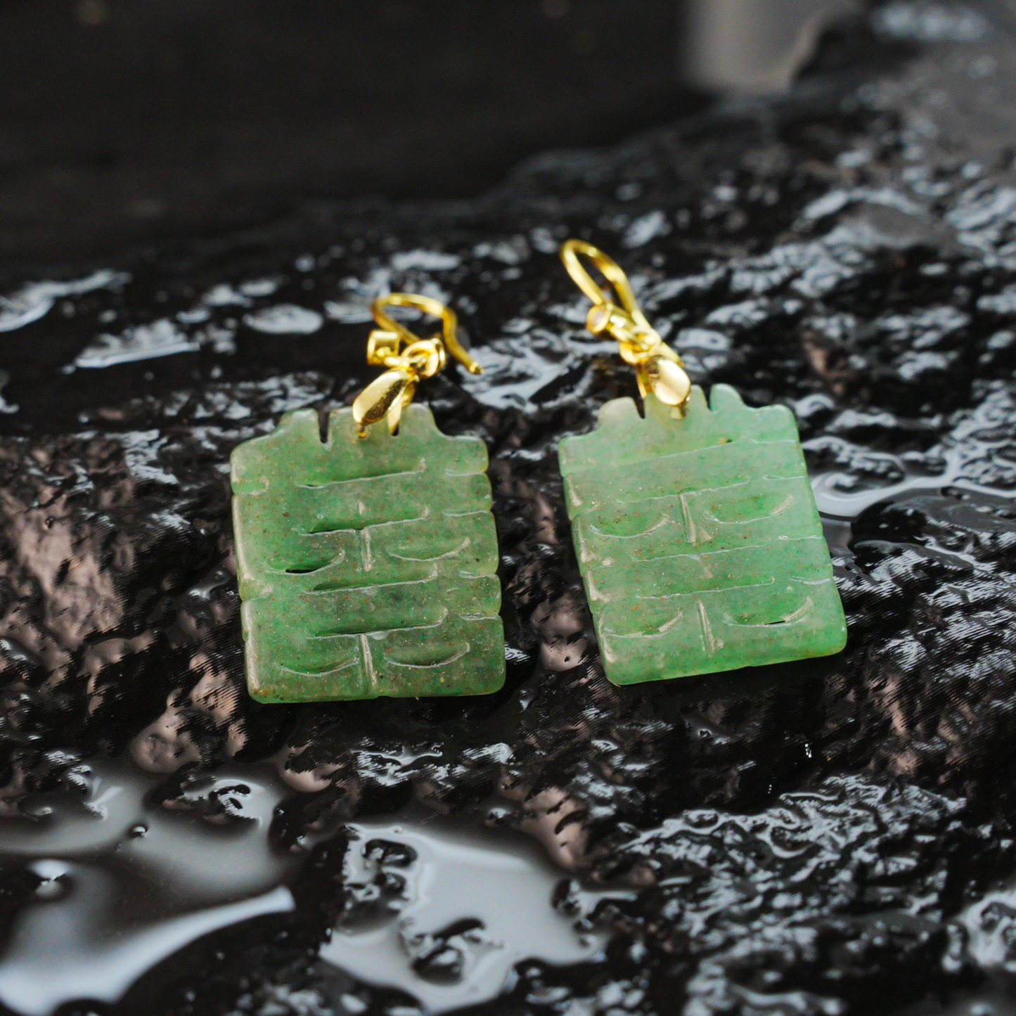 Chinese Double Happiness Jade Earrings | Long Green Jade Dangle Earrings, Wedding & Festive Lucky Charm
