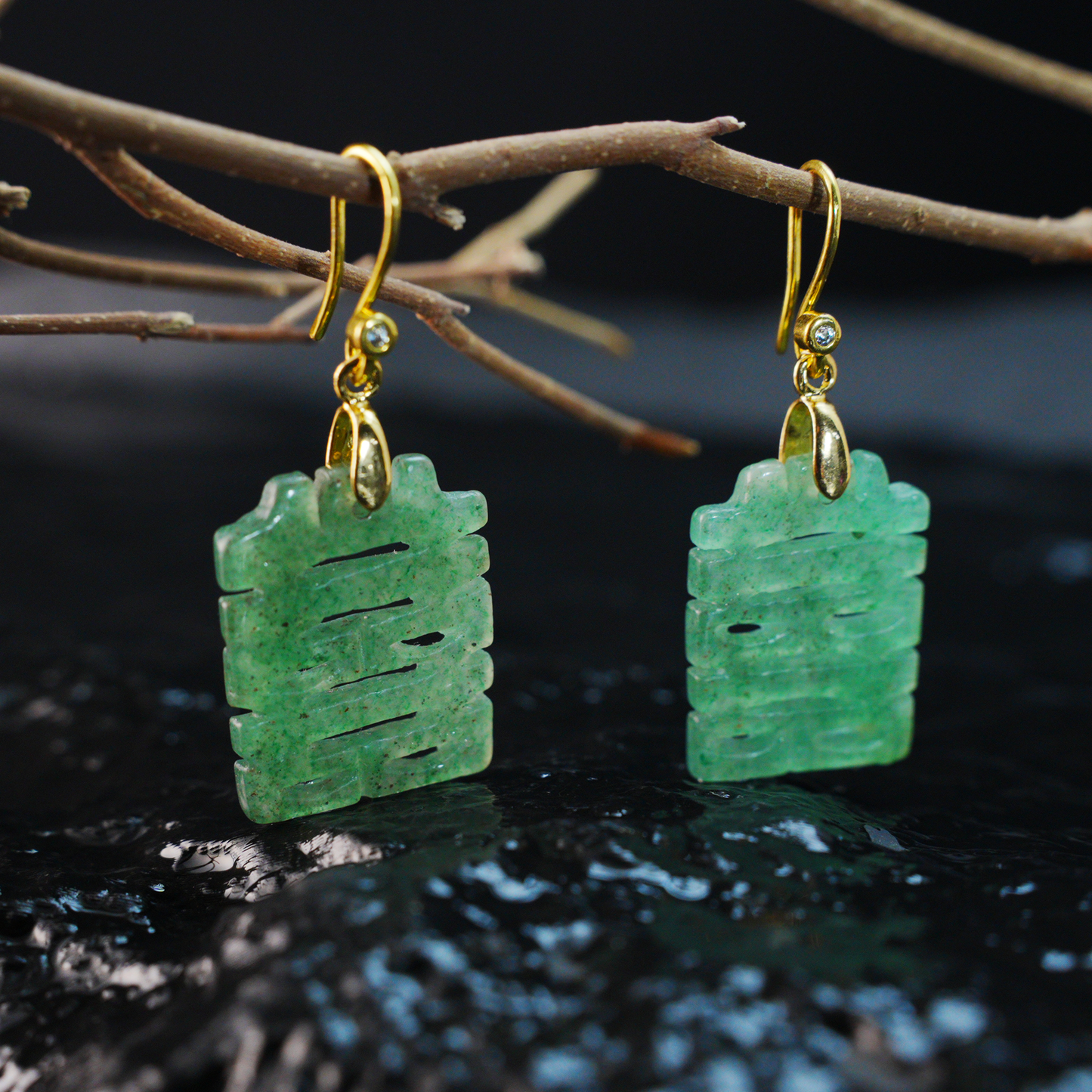 Chinese Double Happiness Jade Earrings | Long Green Jade Dangle Earrings, Wedding & Festive Lucky Charm
