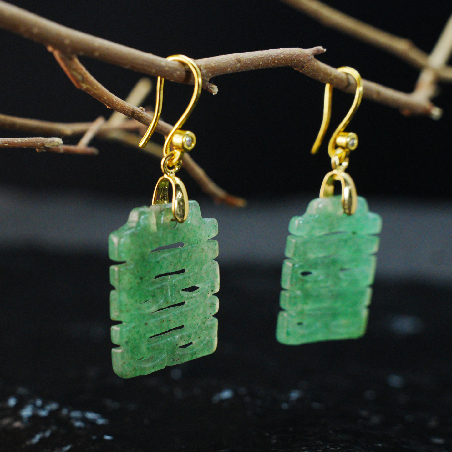 Chinese Double Happiness Jade Earrings | Long Green Jade Dangle Earrings, Wedding & Festive Lucky Charm