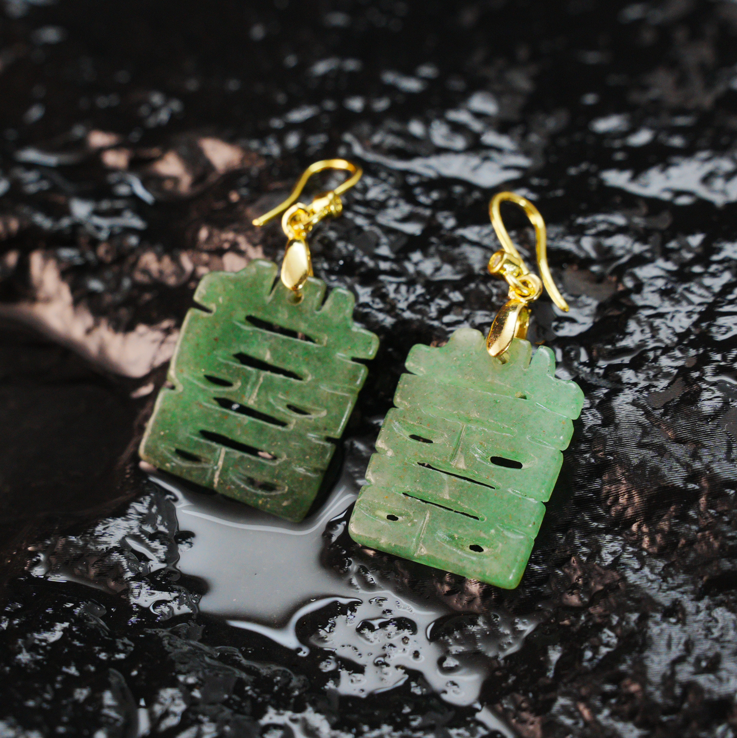 Chinese Double Happiness Jade Earrings | Long Green Jade Dangle Earrings, Wedding & Festive Lucky Charm