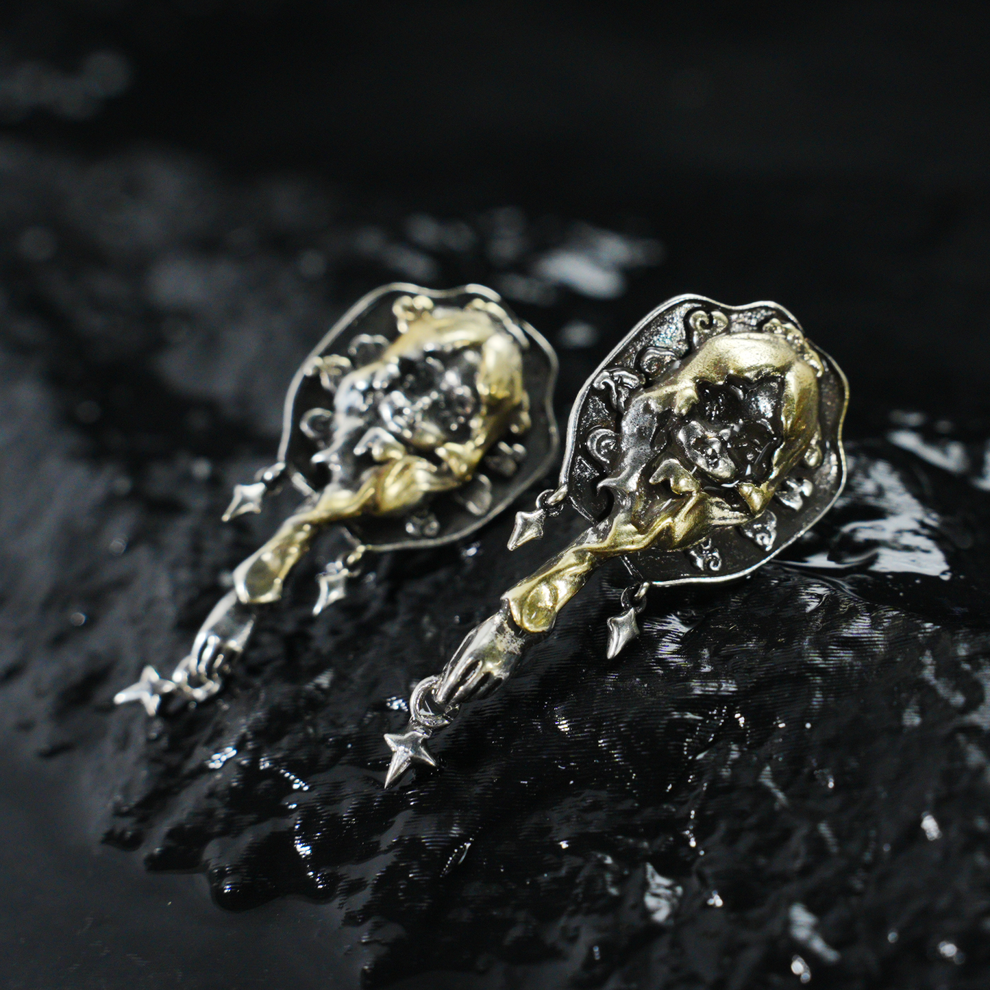Braided Girl Earrings, Vintage Fantasy Studs with Star Dangles, Art Relief Jewelry