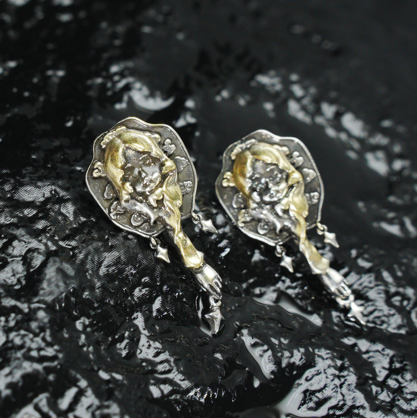 Braided Girl Earrings, Vintage Fantasy Studs with Star Dangles, Art Relief Jewelry