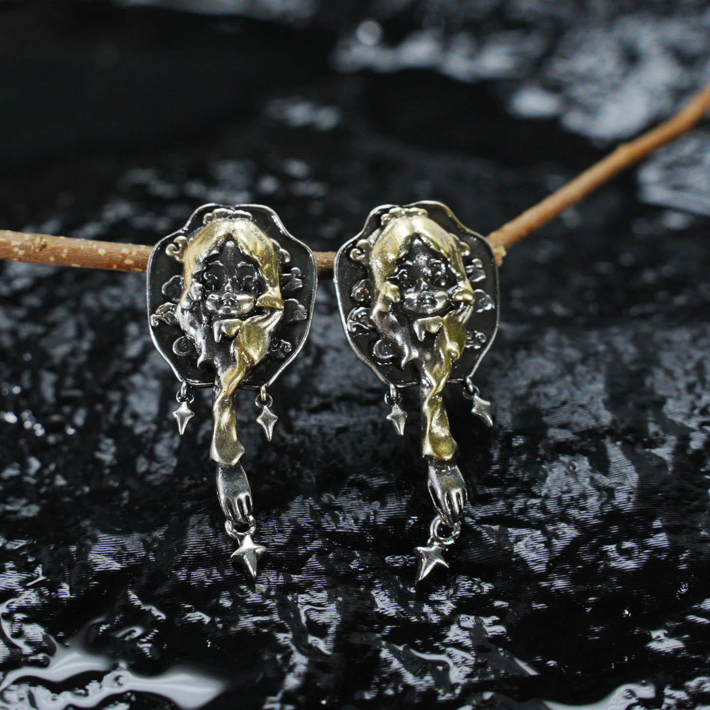 Braided Girl Earrings, Vintage Fantasy Studs with Star Dangles, Art Relief Jewelry