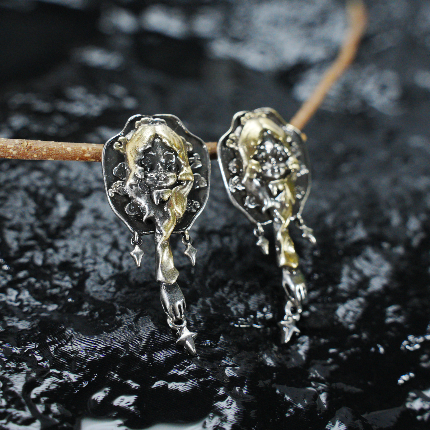 Braided Girl Earrings, Vintage Fantasy Studs with Star Dangles, Art Relief Jewelry