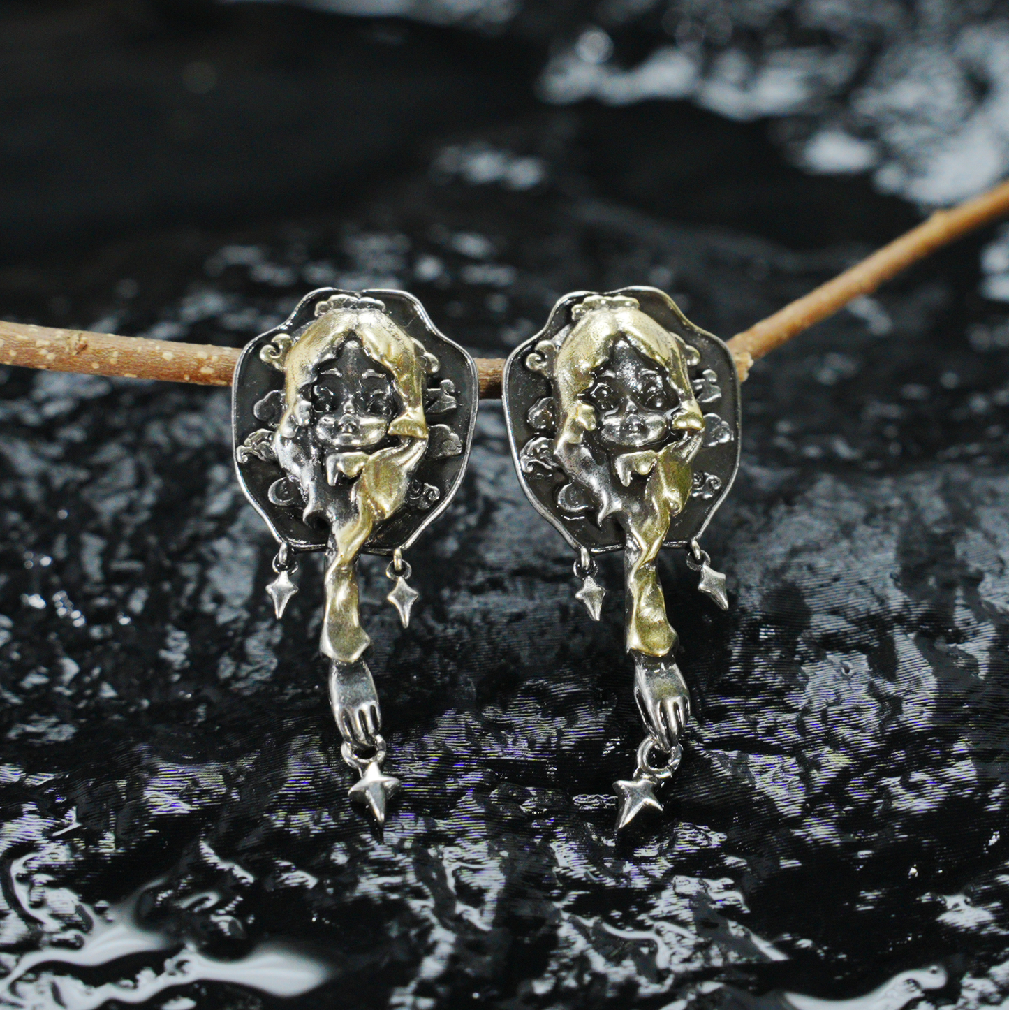 Braided Girl Earrings, Vintage Fantasy Studs with Star Dangles, Art Relief Jewelry