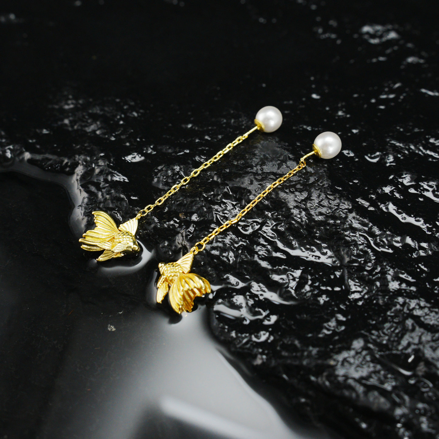 Gold Fish Dangle Earrings with Pearl | Long Drop Earrings | Elegant Animal Jewelry for Women | Handmade Gift Idea