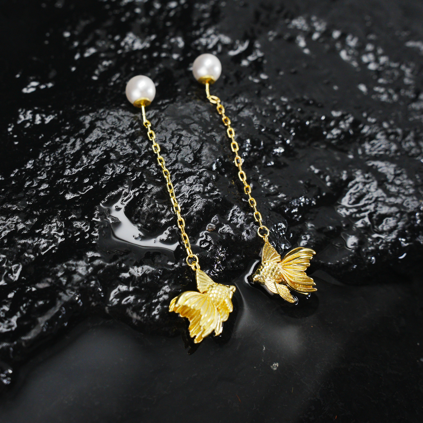 Gold Fish Dangle Earrings with Pearl | Long Drop Earrings | Elegant Animal Jewelry for Women | Handmade Gift Idea