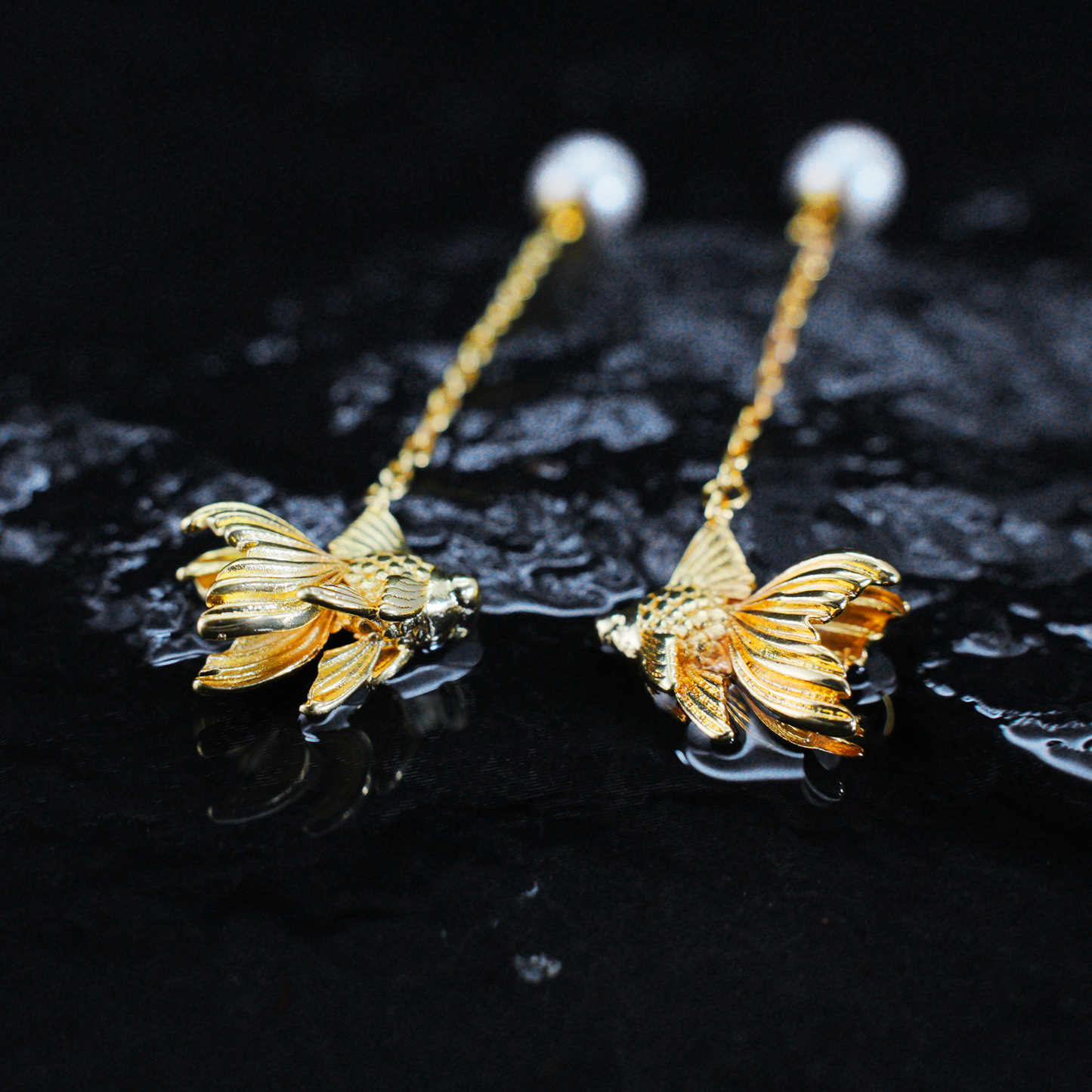 Gold Fish Dangle Earrings with Pearl | Long Drop Earrings | Elegant Animal Jewelry for Women | Handmade Gift Idea