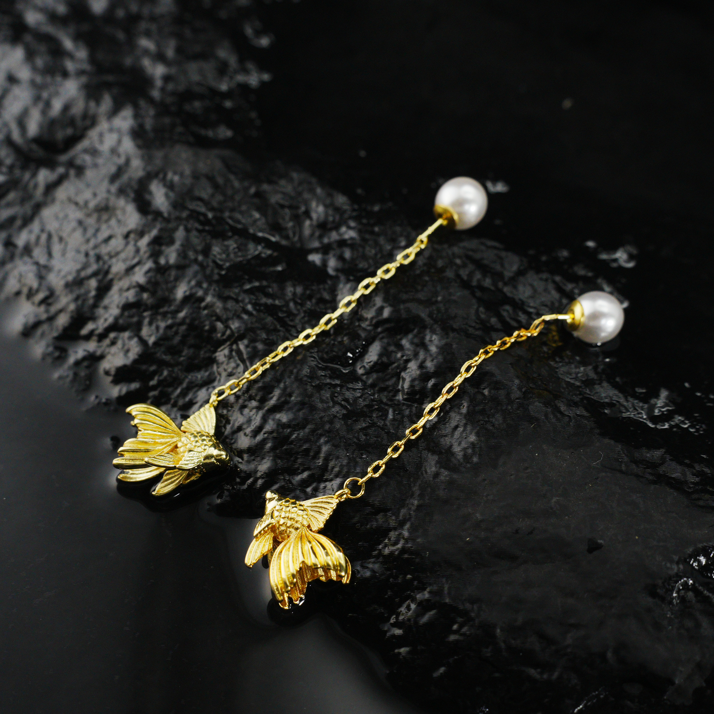 Gold Fish Dangle Earrings with Pearl | Long Drop Earrings | Elegant Animal Jewelry for Women | Handmade Gift Idea