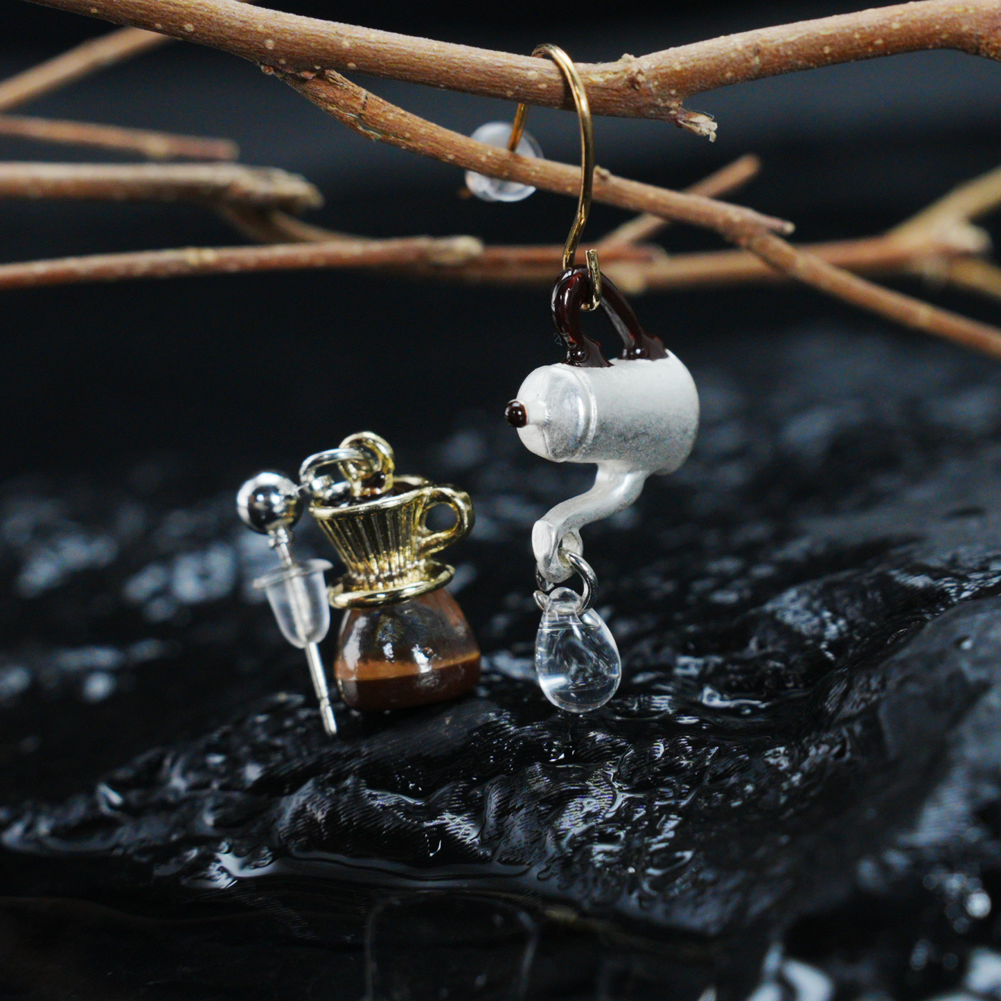 Coffee Kettle & Dripper Earrings | Asymmetrical Cafe-Inspired Studs | Whimsical Jewelry for Coffee Lovers