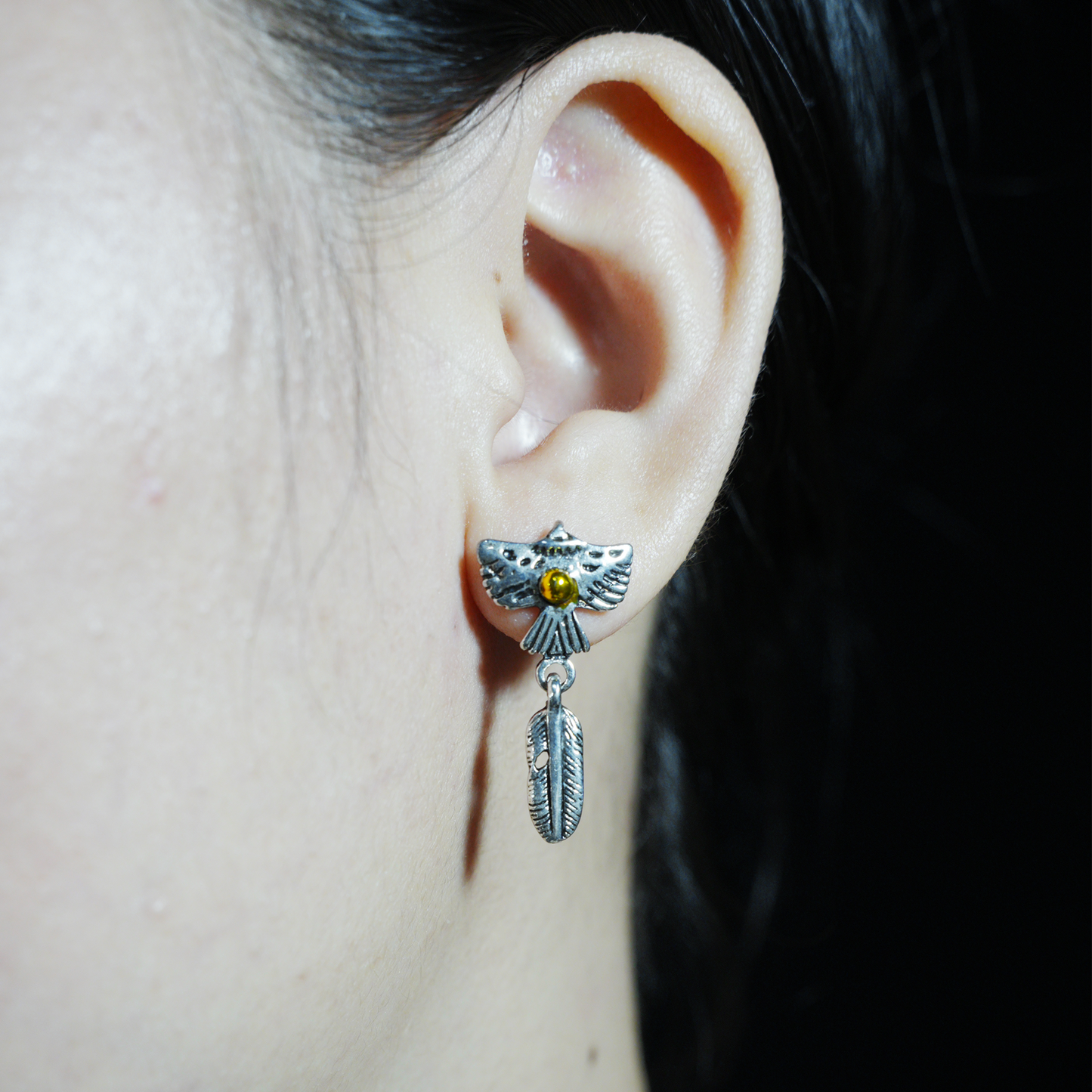 Flying Bird and Feather Drop Earring, Symbolic Totem Jewelry for Freedom, Spirit, and Inner Clarity