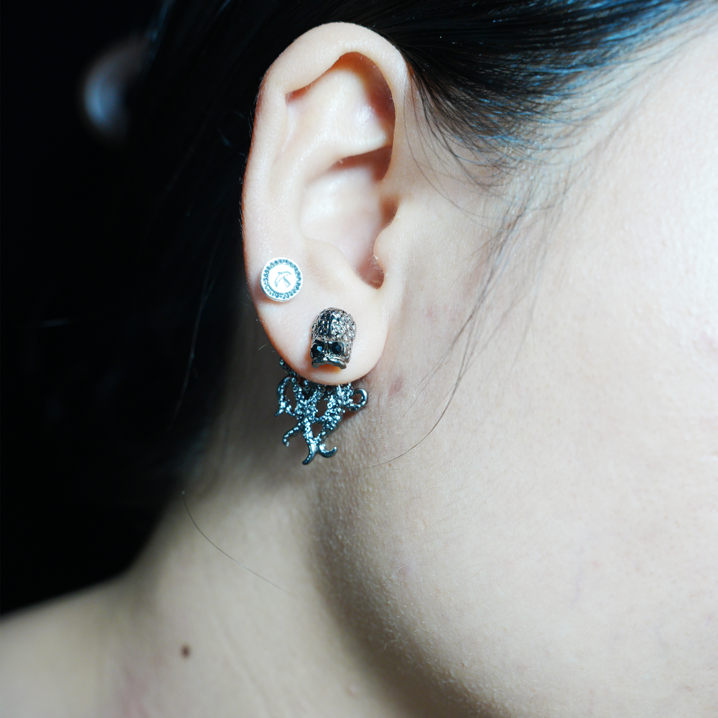 Gothic Octopus Stud Earring with Gemstone Eyes, Dark Fantasy Kraken Sea Monster Jewelry for Punk Style