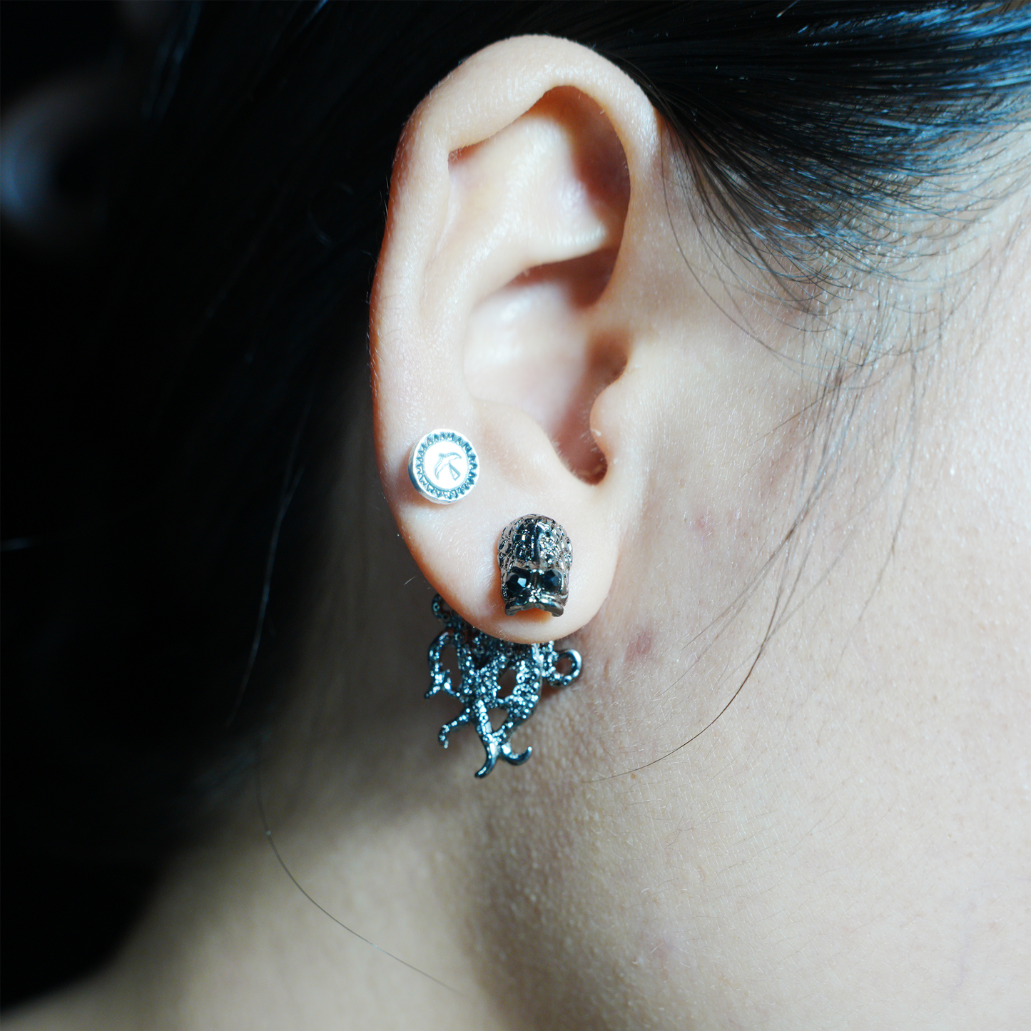 Gothic Octopus Stud Earring with Gemstone Eyes, Dark Fantasy Kraken Sea Monster Jewelry for Punk Style
