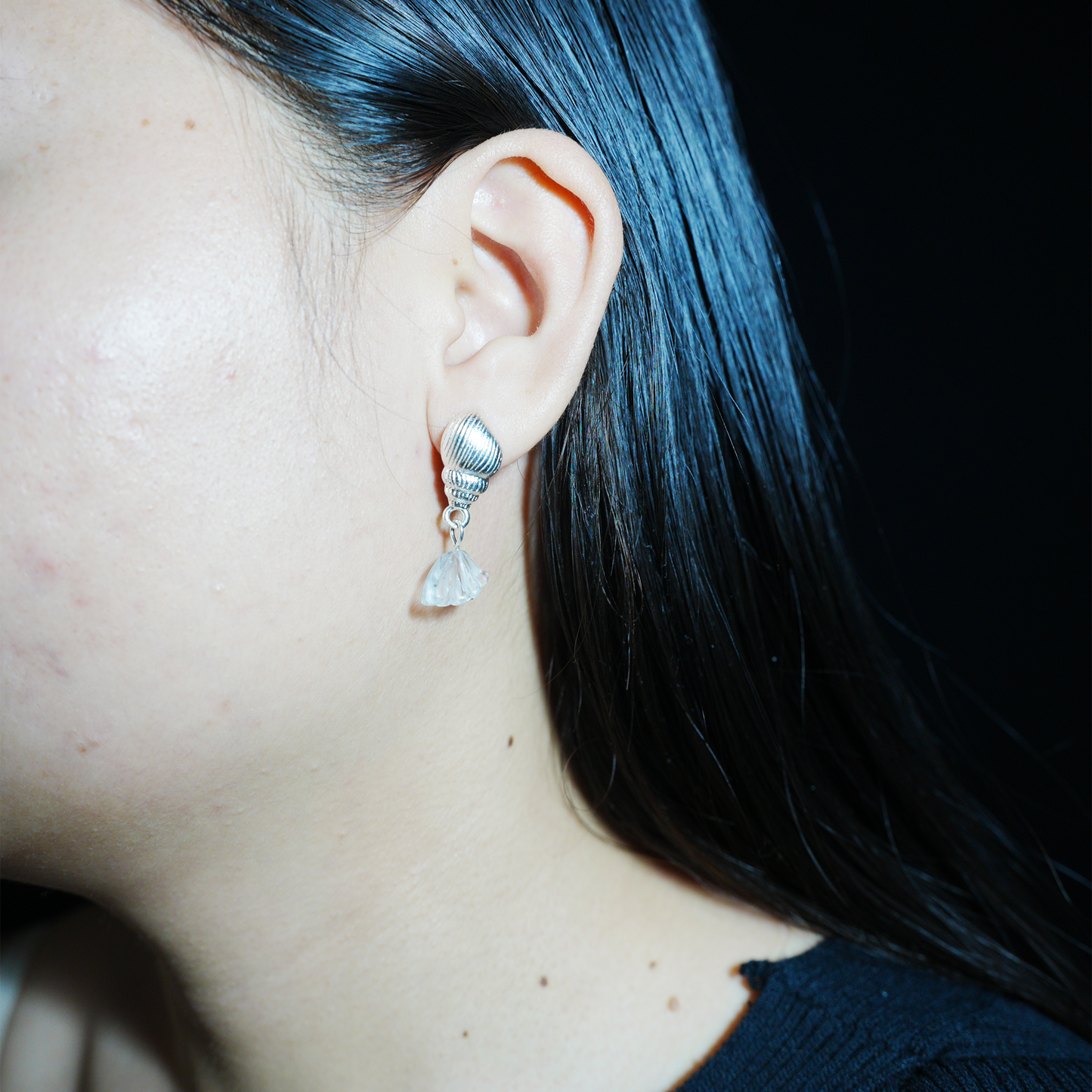 Ocean Shell Drop Earrings with Petal-Shaped Crystals, Artistic Sea-Inspired Dangle Earrings for Women