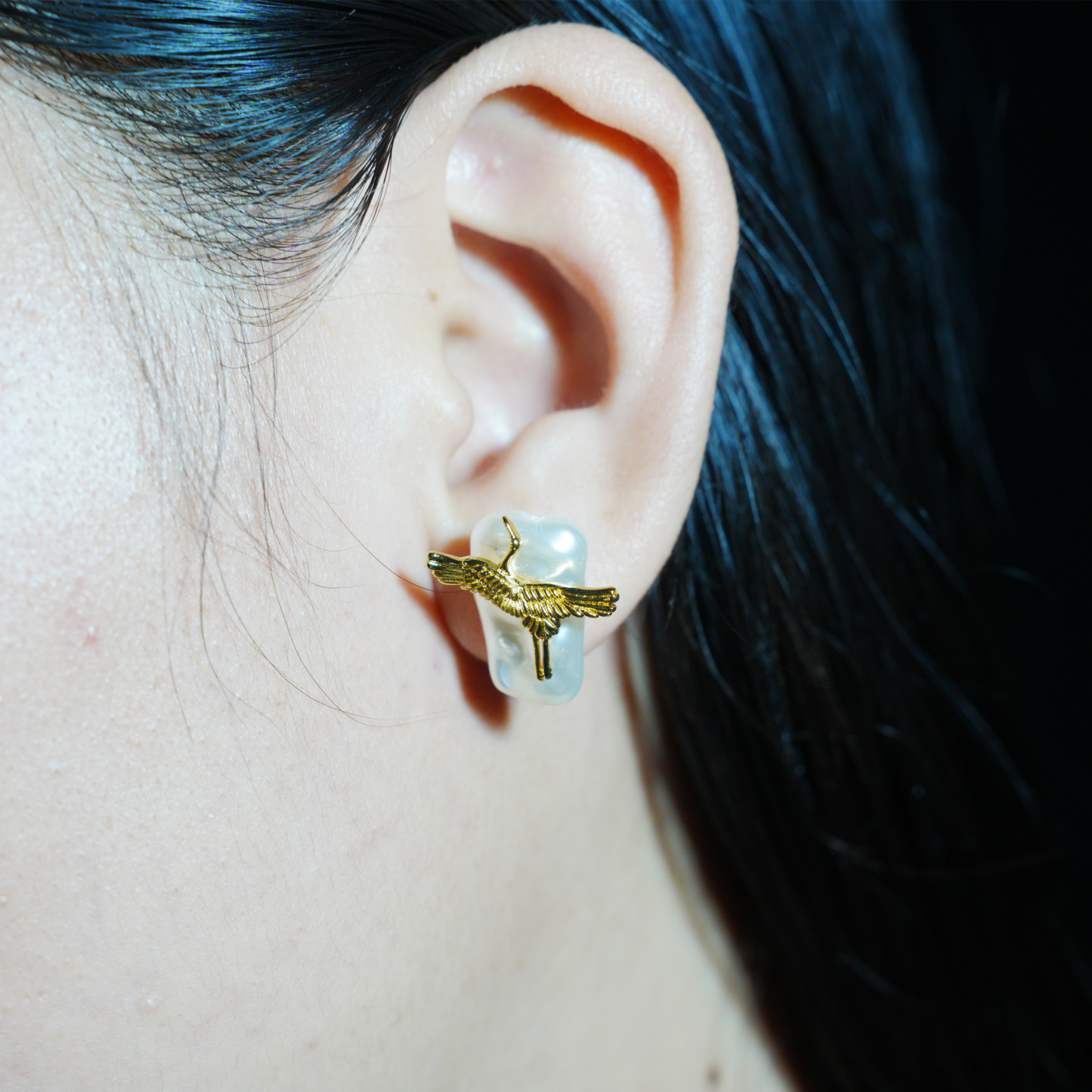 Elegant Crane Earrings with Baroque Pearls | Gold Bird Design | Asian-Inspired Lightweight Statement Jewelry