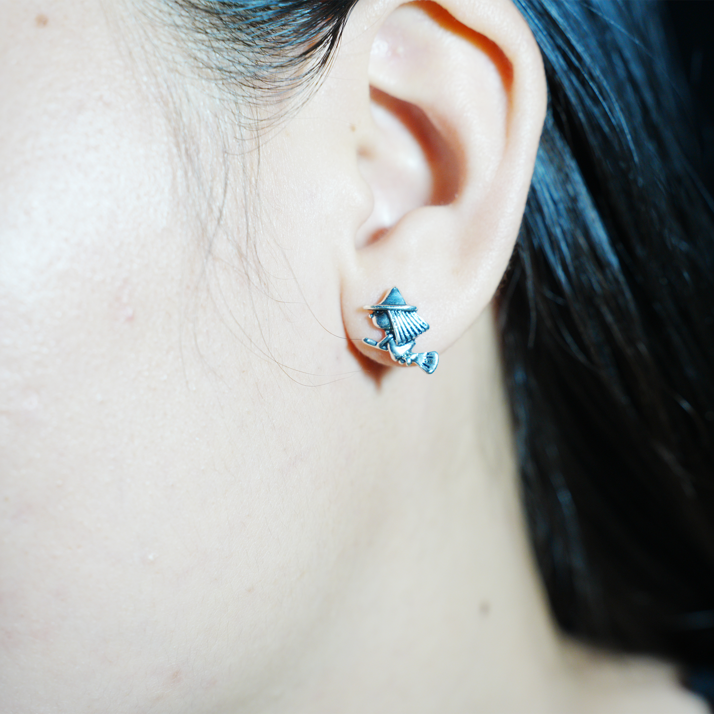 Witch on Broom Earrings, Handcrafted Fantasy Studs, Gothic Witch Jewelry for Halloween or Everyday Magic
