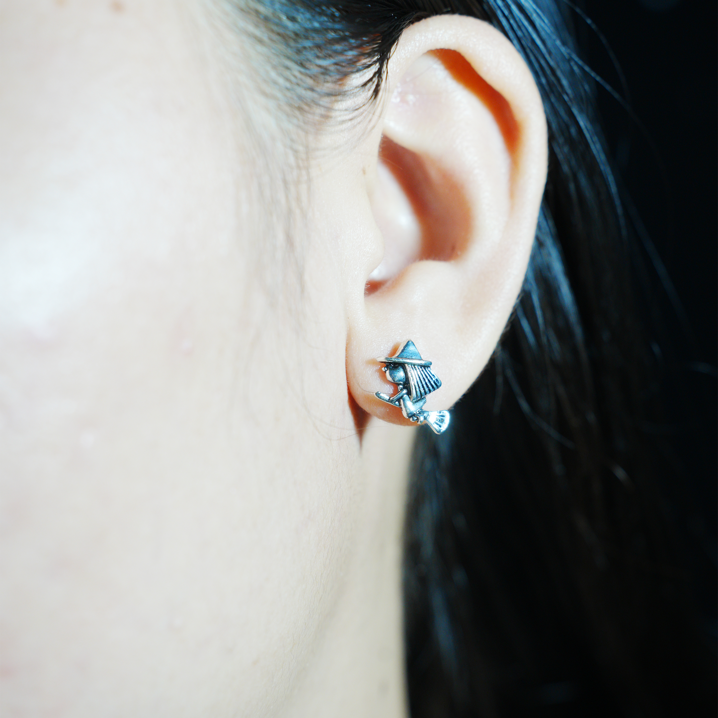 Witch on Broom Earrings, Handcrafted Fantasy Studs, Gothic Witch Jewelry for Halloween or Everyday Magic