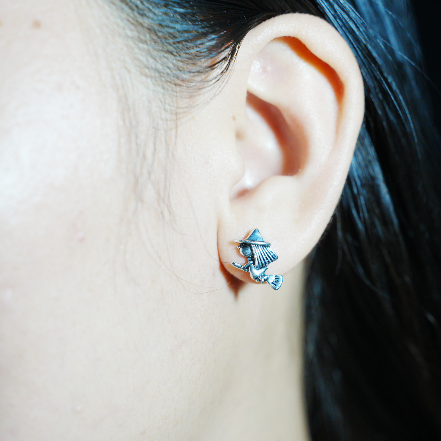 Witch on Broom Earrings, Handcrafted Fantasy Studs, Gothic Witch Jewelry for Halloween or Everyday Magic