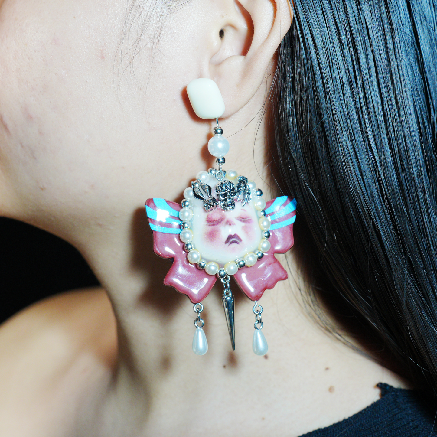 Gothic Crying Doll Earrings | Dark Rococo Bow Statement Jewelry | Emotional Artistic Gift for Alternative Fashion Lovers