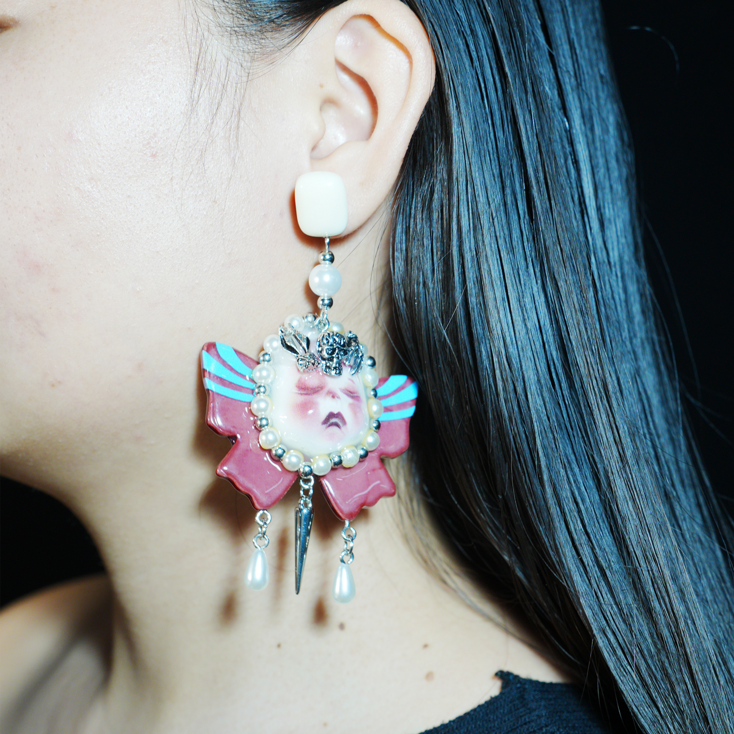 Gothic Crying Doll Earrings | Dark Rococo Bow Statement Jewelry | Emotional Artistic Gift for Alternative Fashion Lovers