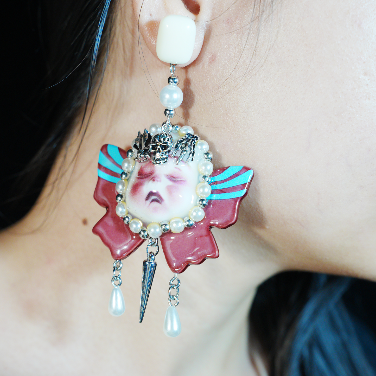 Gothic Crying Doll Earrings | Dark Rococo Bow Statement Jewelry | Emotional Artistic Gift for Alternative Fashion Lovers