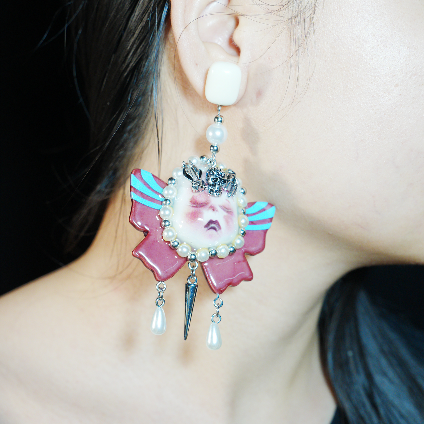 Gothic Crying Doll Earrings | Dark Rococo Bow Statement Jewelry | Emotional Artistic Gift for Alternative Fashion Lovers