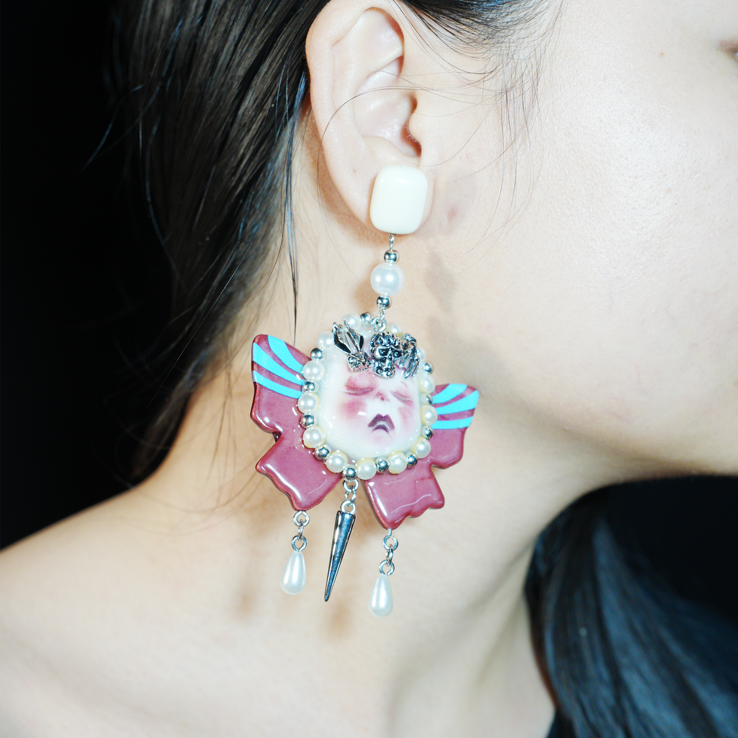 Gothic Crying Doll Earrings | Dark Rococo Bow Statement Jewelry | Emotional Artistic Gift for Alternative Fashion Lovers