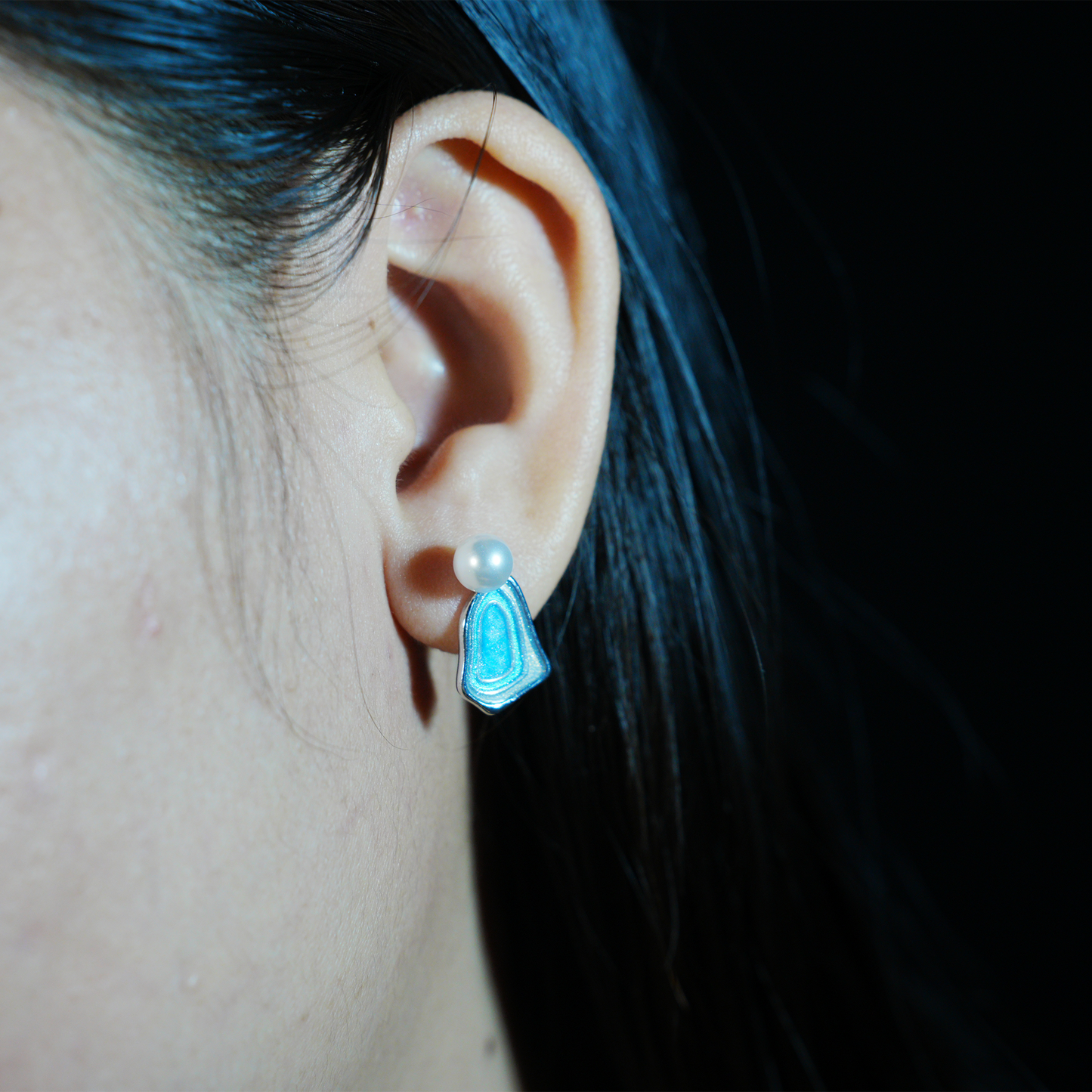 Irregular Blue Stud Earrings | Pearl Accent | Artistic Enamel Drop Earrings