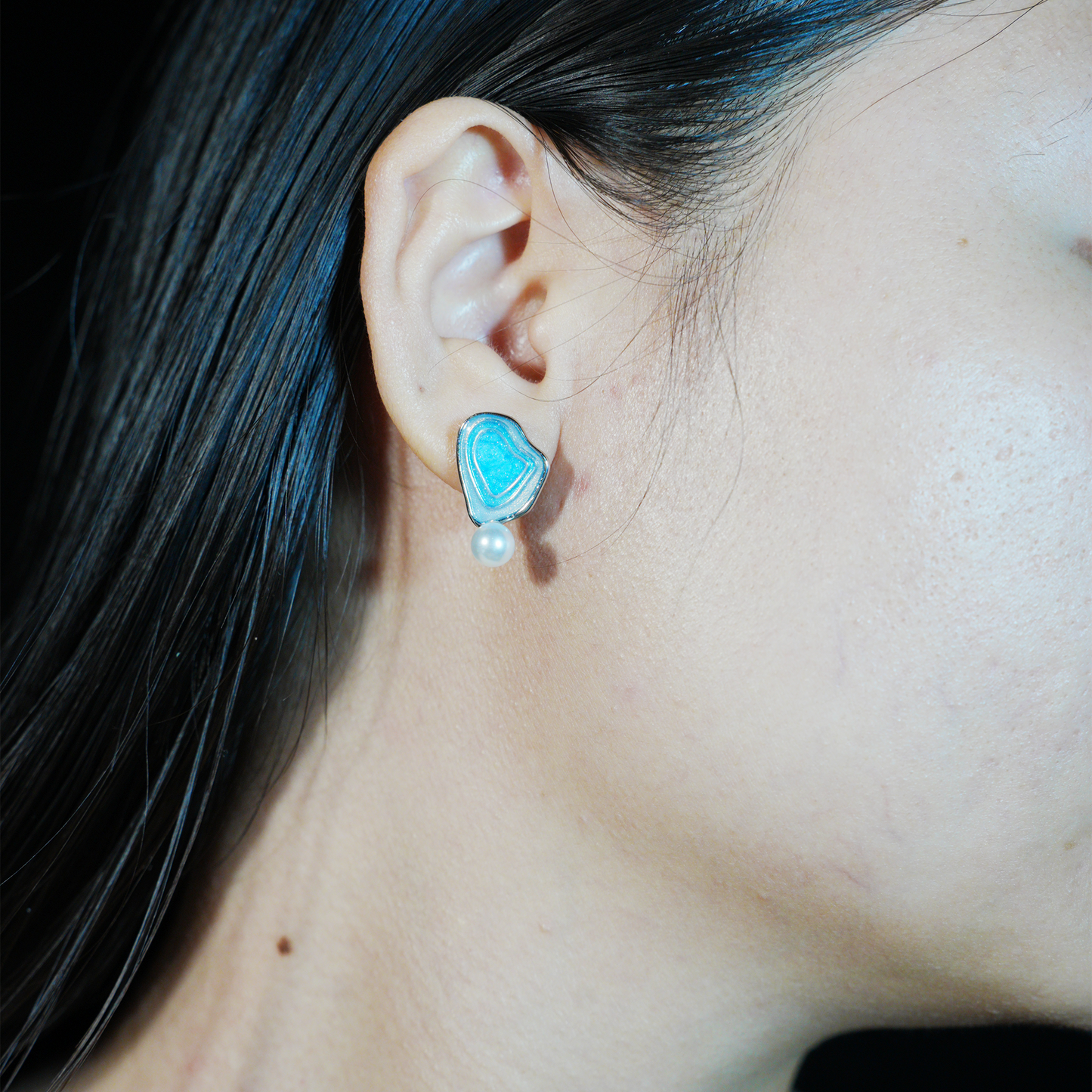 Irregular Blue Stud Earrings | Pearl Accent | Artistic Enamel Drop Earrings