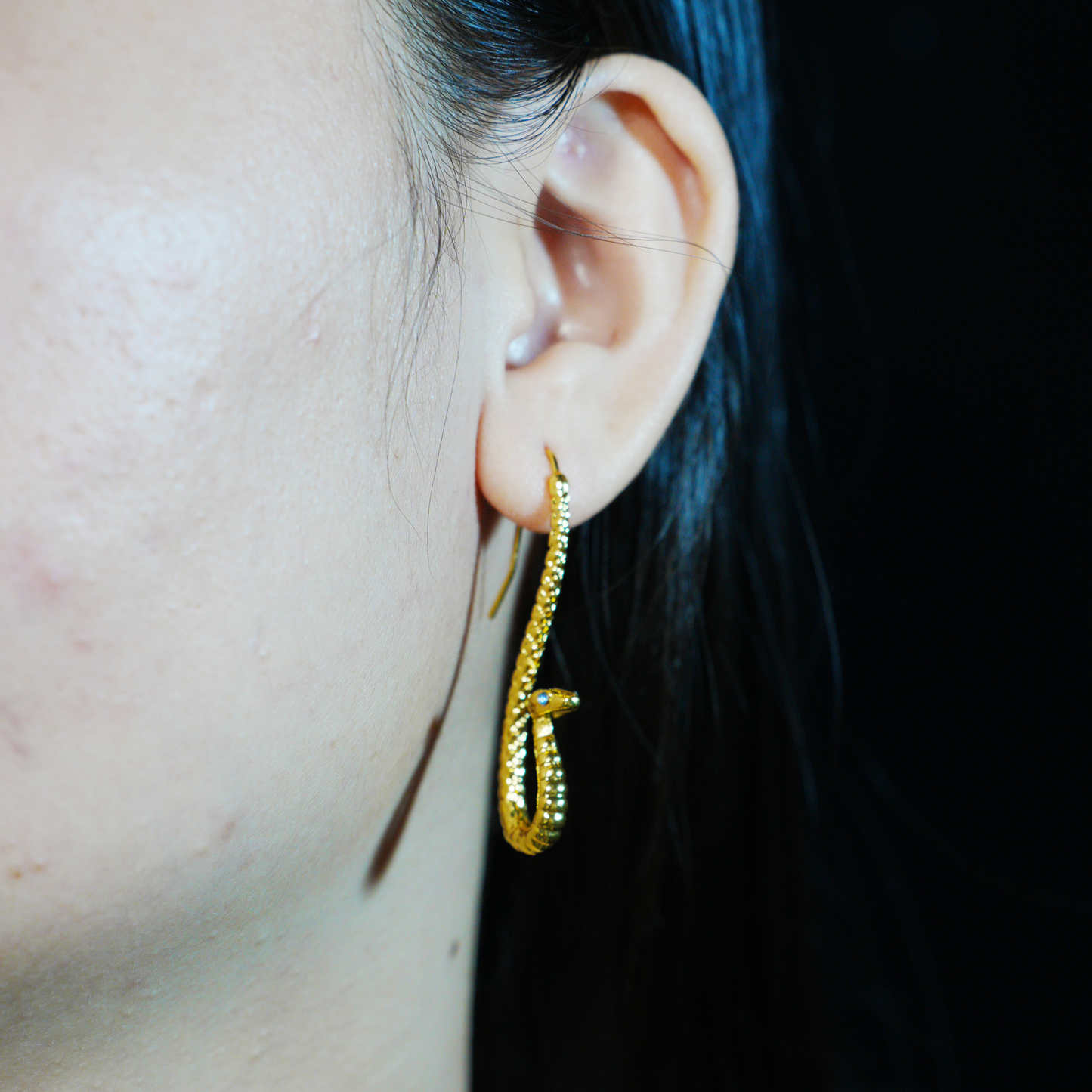 Golden Twin Serpent Earrings with Blue Eyes – Totem Inspired Hook Earrings, Mystical Snake Jewelry