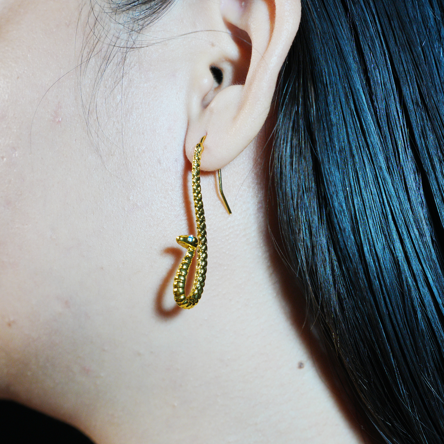 Golden Twin Serpent Earrings with Blue Eyes – Totem Inspired Hook Earrings, Mystical Snake Jewelry