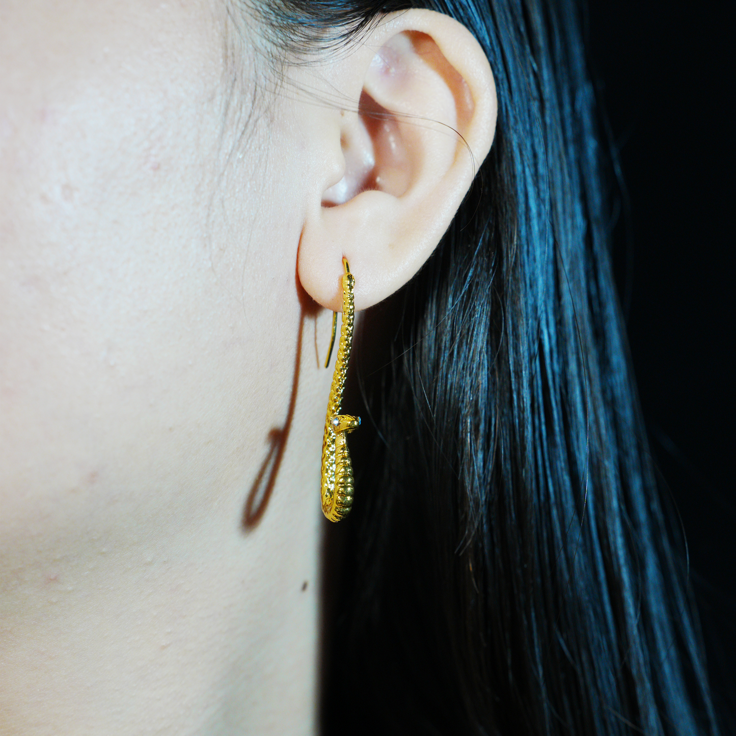 Golden Twin Serpent Earrings with Blue Eyes – Totem Inspired Hook Earrings, Mystical Snake Jewelry