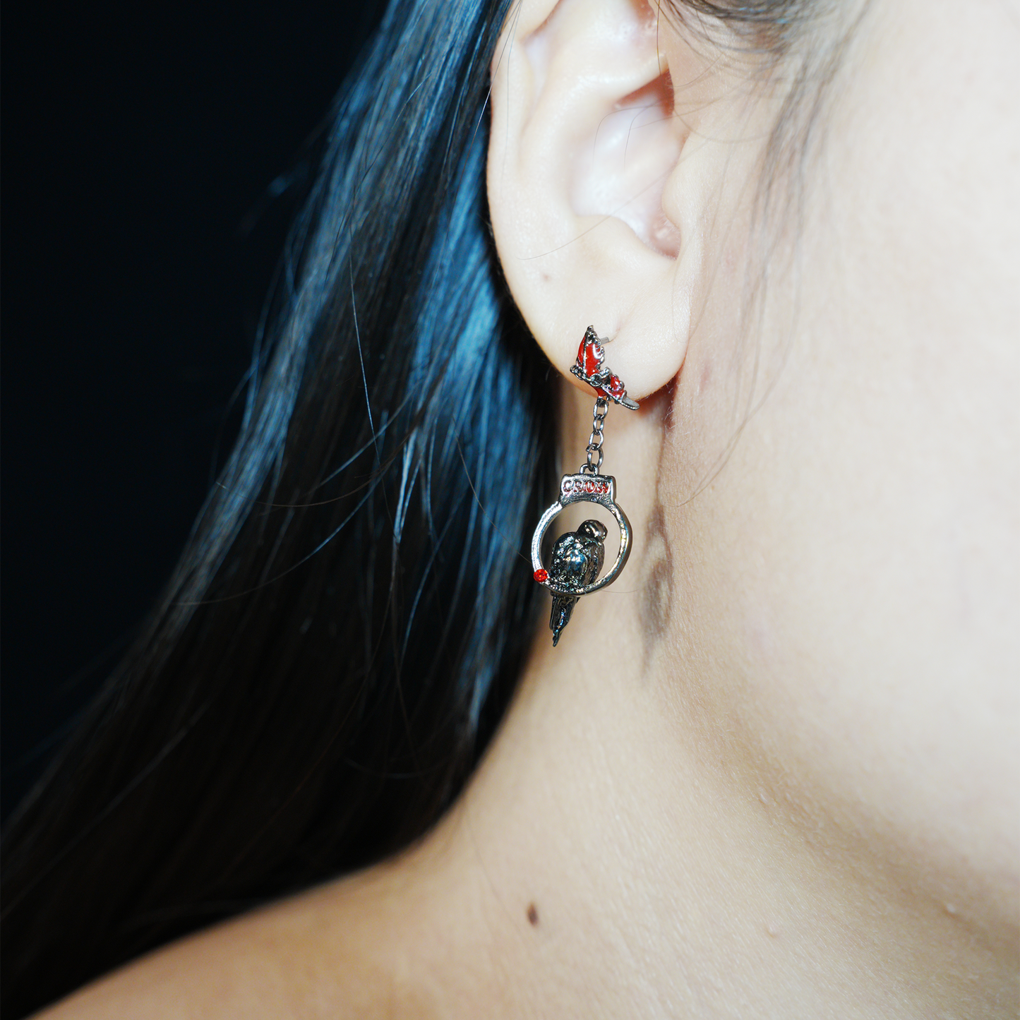 Gothic Raven Drop Earrings with Red Feather Accents | Dark Aesthetic Crow Jewelry | Unique Gift for Gothic and Alternative Fashion Lovers