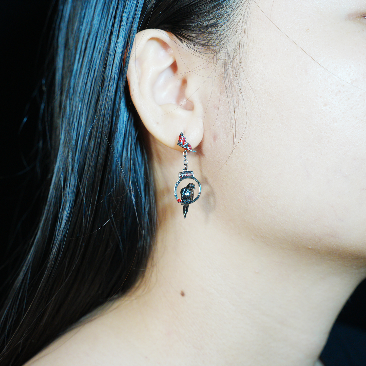 Gothic Raven Drop Earrings with Red Feather Accents | Dark Aesthetic Crow Jewelry | Unique Gift for Gothic and Alternative Fashion Lovers