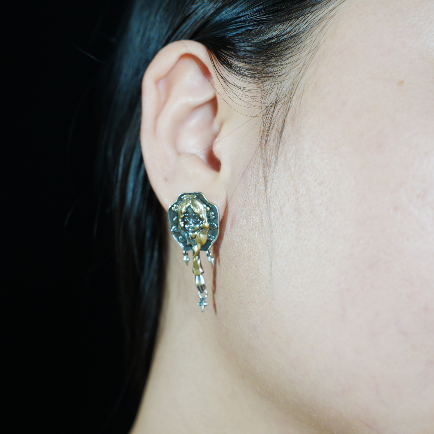 Braided Girl Earrings, Vintage Fantasy Studs with Star Dangles, Art Relief Jewelry