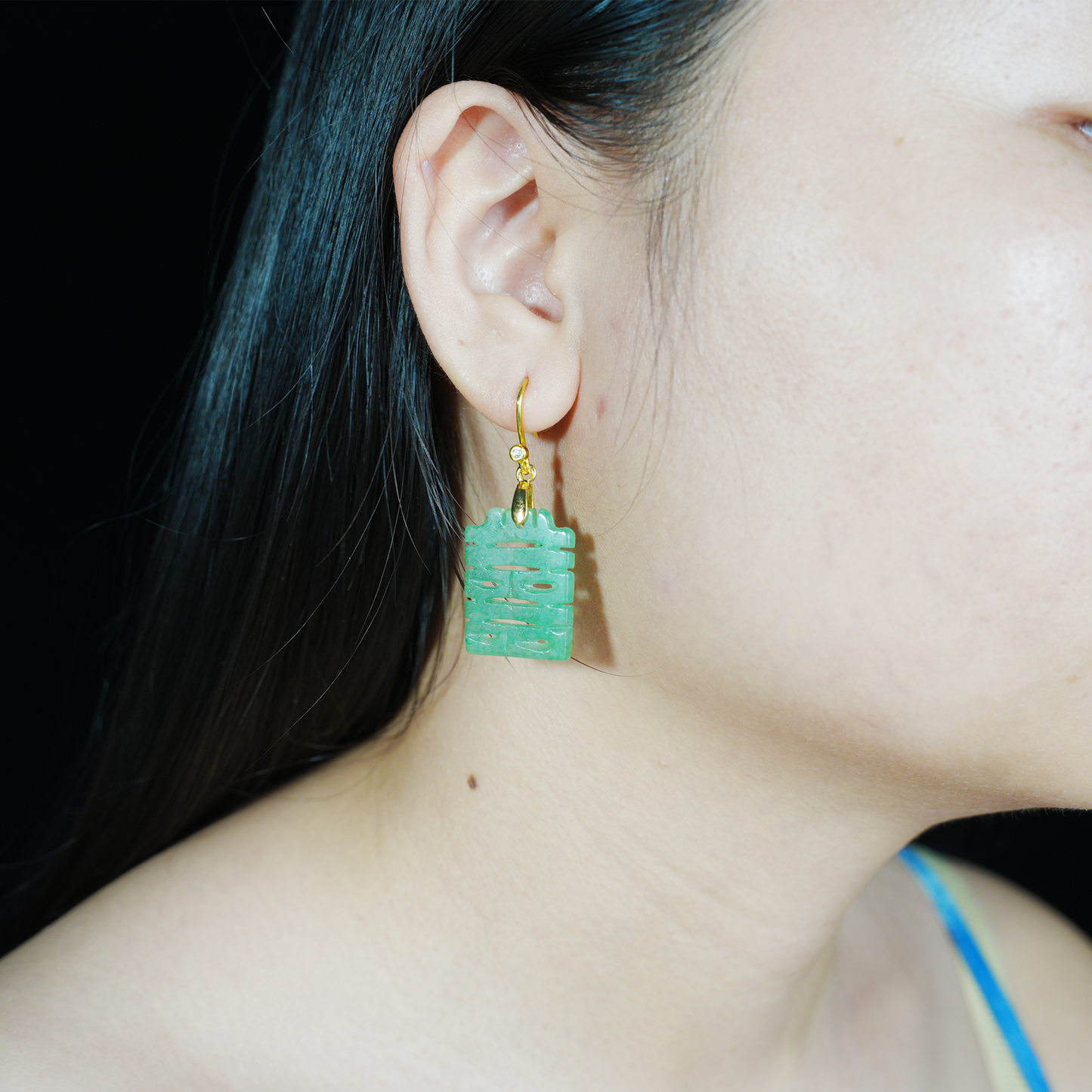 Chinese Double Happiness Jade Earrings | Long Green Jade Dangle Earrings, Wedding & Festive Lucky Charm
