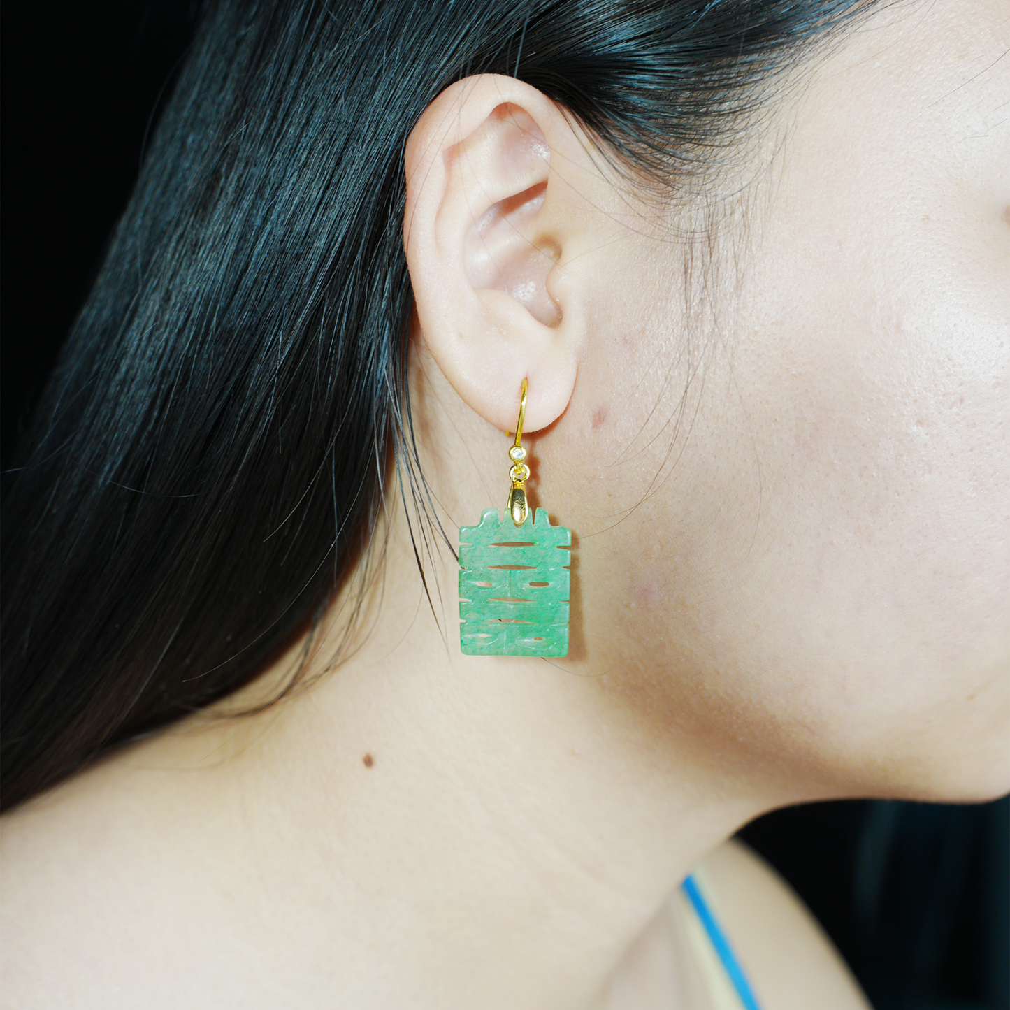 Chinese Double Happiness Jade Earrings | Long Green Jade Dangle Earrings, Wedding & Festive Lucky Charm
