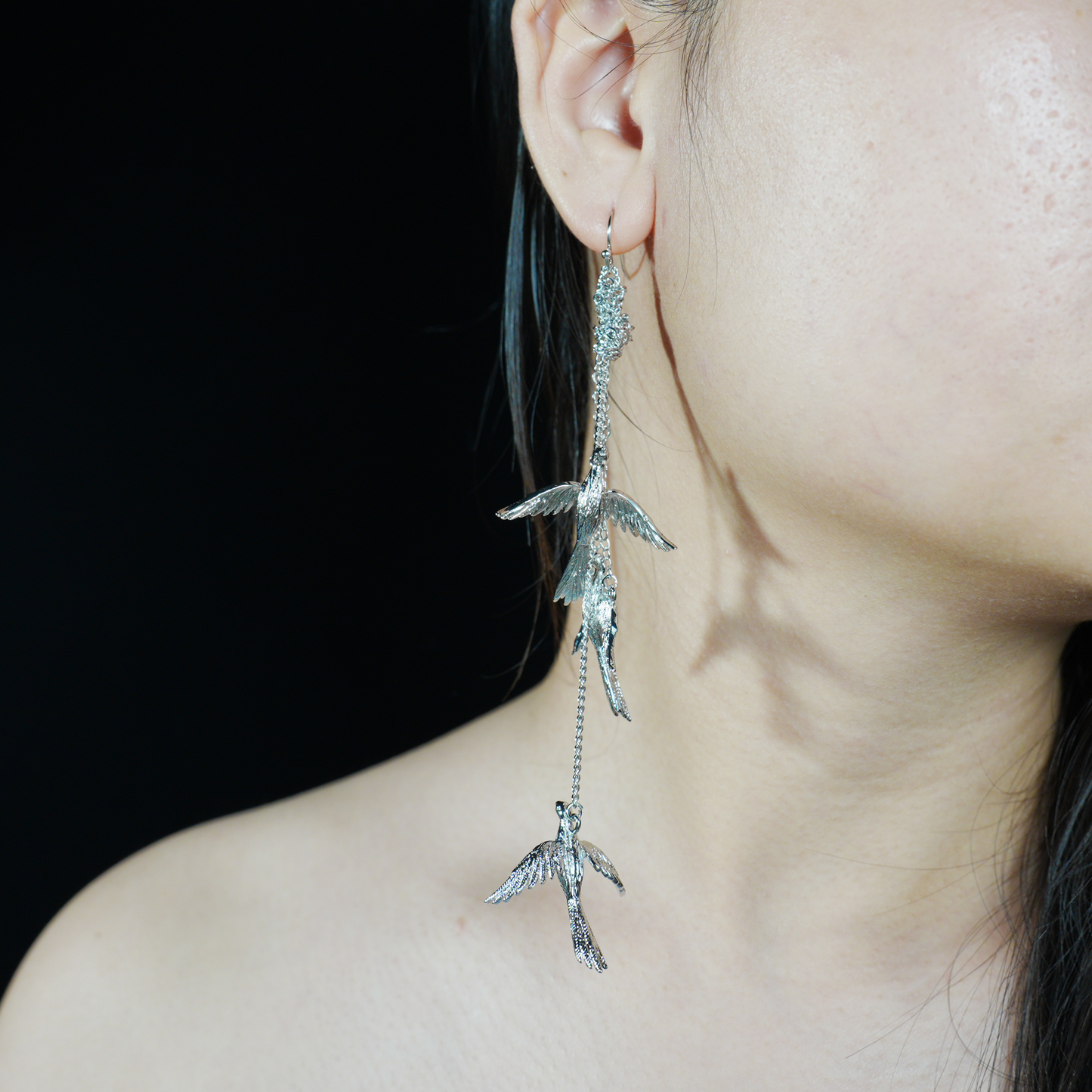 Bird Dangle Earrings, Triple Flying Birds Drop Design, Nature Animal Totem Jewelry, Long Statement Earrings for Women