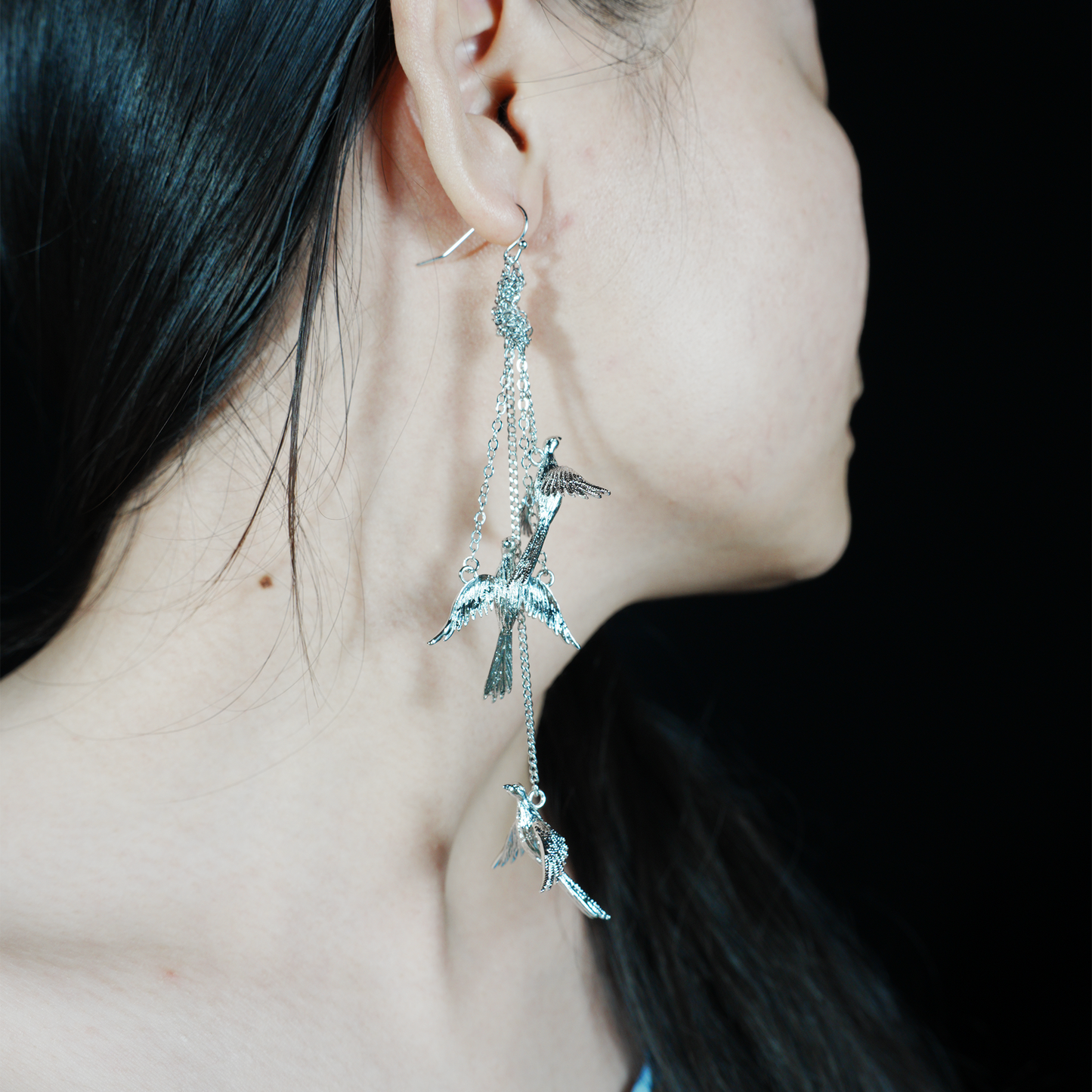 Bird Dangle Earrings, Triple Flying Birds Drop Design, Nature Animal Totem Jewelry, Long Statement Earrings for Women