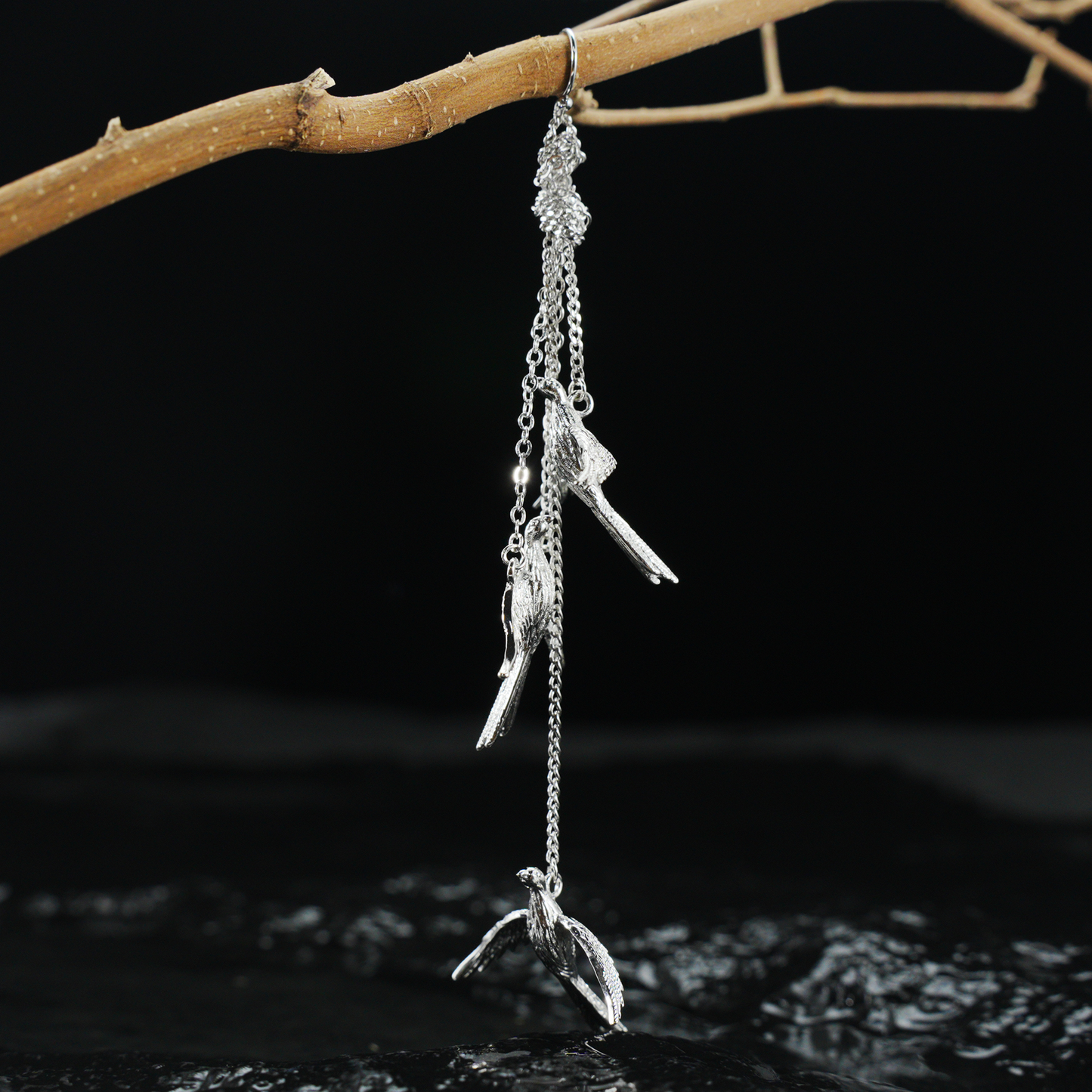 Bird Dangle Earrings, Triple Flying Birds Drop Design, Nature Animal Totem Jewelry, Long Statement Earrings for Women