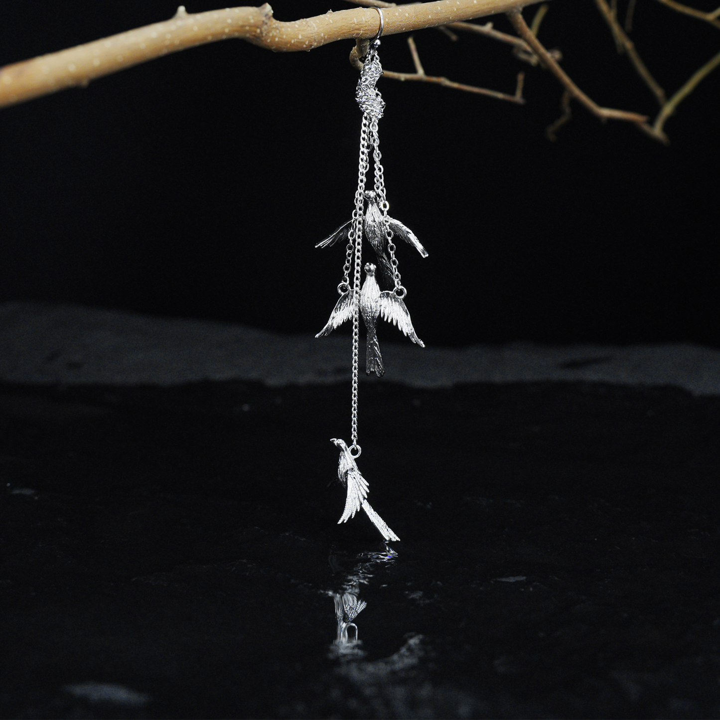 Bird Dangle Earrings, Triple Flying Birds Drop Design, Nature Animal Totem Jewelry, Long Statement Earrings for Women
