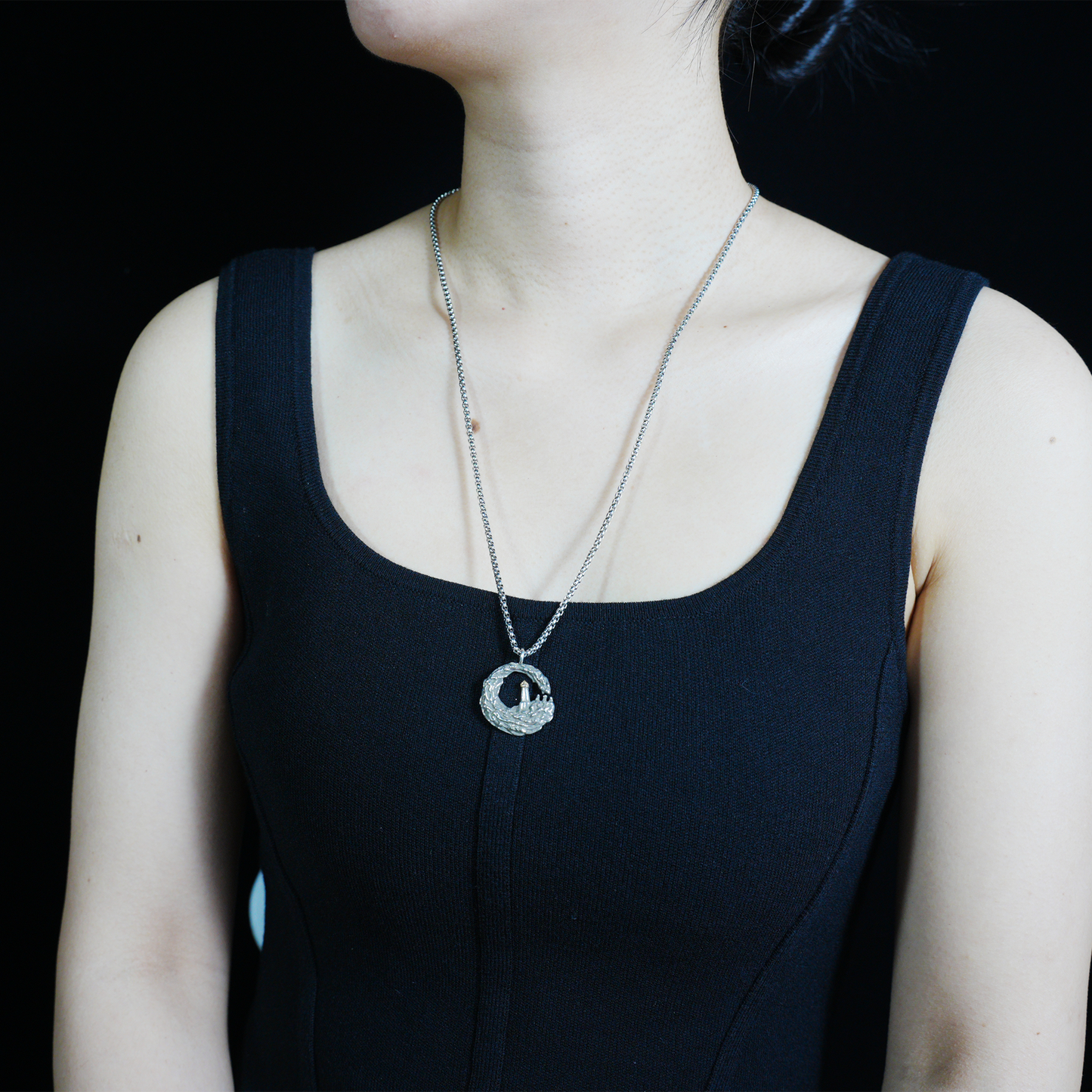 Lighthouse in Wave Pendant Necklace | Ocean Symbol Jewelry | Minimalist Nautical Unisex Accessory with Gold Accent