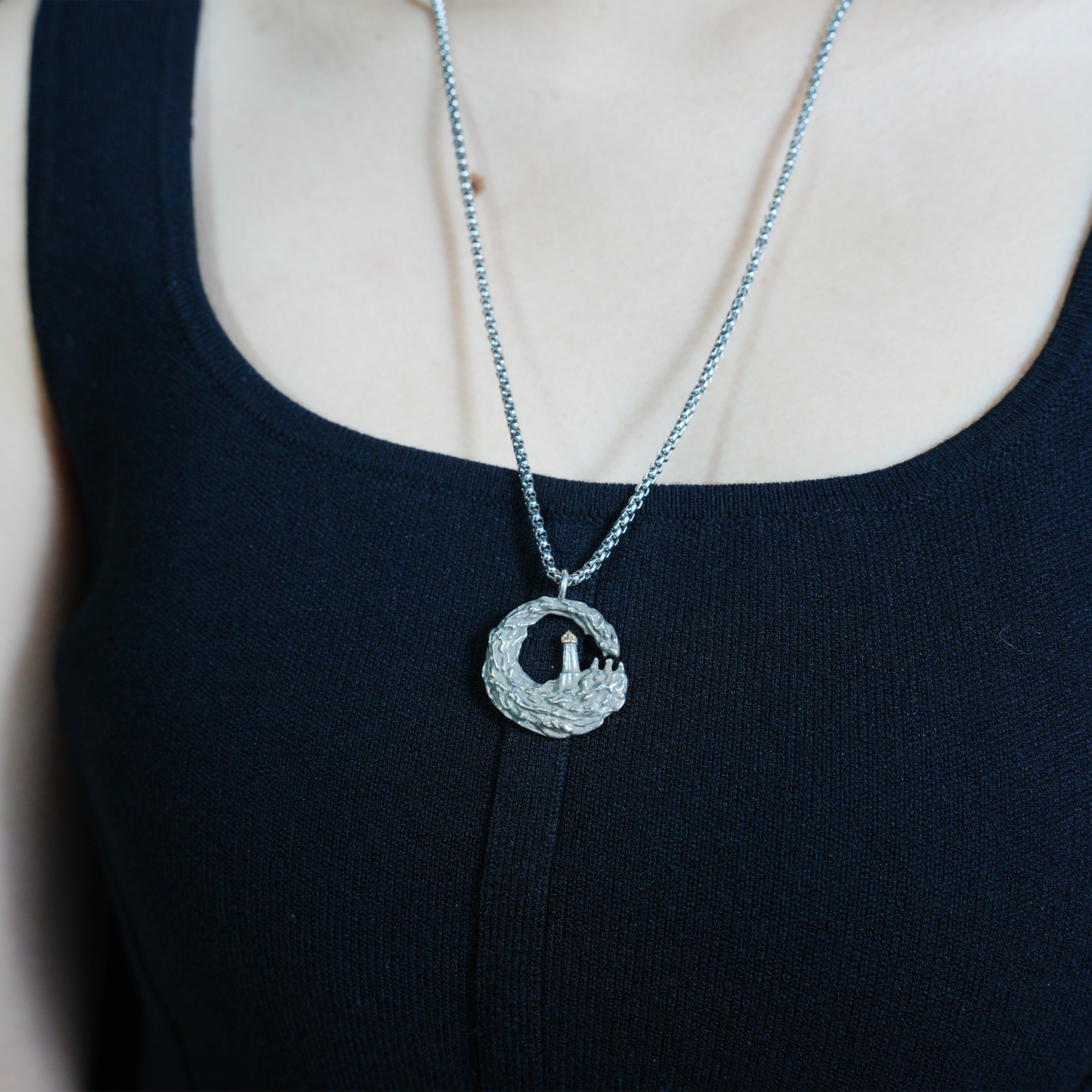Lighthouse in Wave Pendant Necklace | Ocean Symbol Jewelry | Minimalist Nautical Unisex Accessory with Gold Accent
