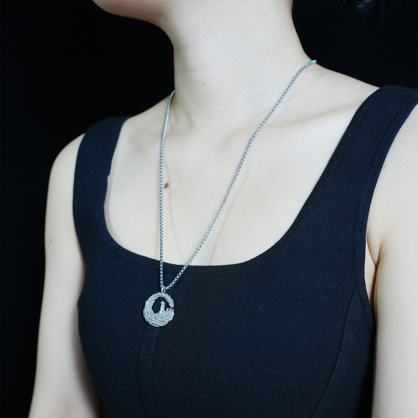 Lighthouse in Wave Pendant Necklace | Ocean Symbol Jewelry | Minimalist Nautical Unisex Accessory with Gold Accent