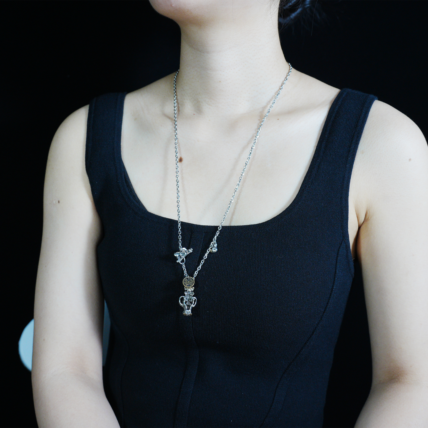Mythic Beast Skull Pendant Necklace with Dragon Crest Medallion | Gothic Totem Jewelry for Fantasy Lovers