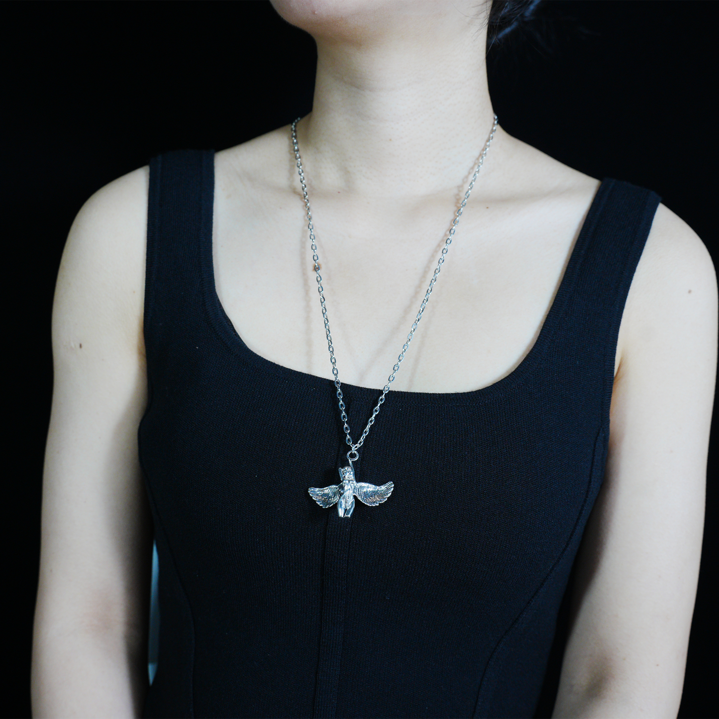 Flying Wing Goddess Pendant Necklace – Feminine Power Sculpture, Retro Style, Statement Jewelry for Women